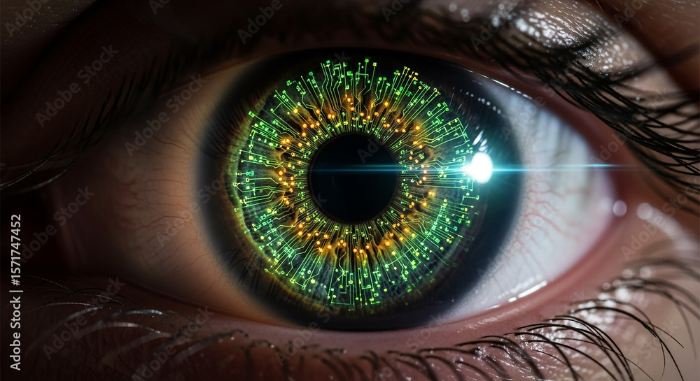 Aufkleber close up of a human eye with a digital circuit pattern on the iris