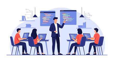 Fototapeta premium Illustrative Learning Code With Mentor And Students In Modern Classroom