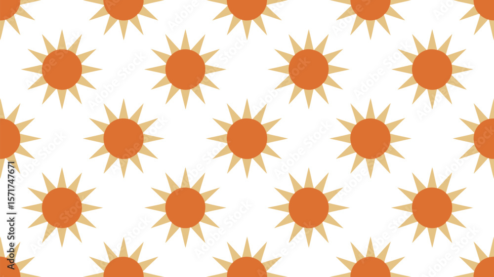 Poster repeating pattern of orange suns with yellow rays on a teal colored background