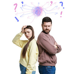 Worried man and woman on white background. Confused thoughts as doodles above their heads....