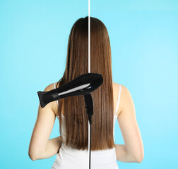 Before and after hair styling. Photo of woman divided by hair dryer against light blue background