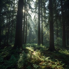 Obraz premium High-resolution natural forest scene with dense trees and soft sunlight filtering through the canopy, casting warm light on the lush green floor, evoking tranquility and connection with nature.