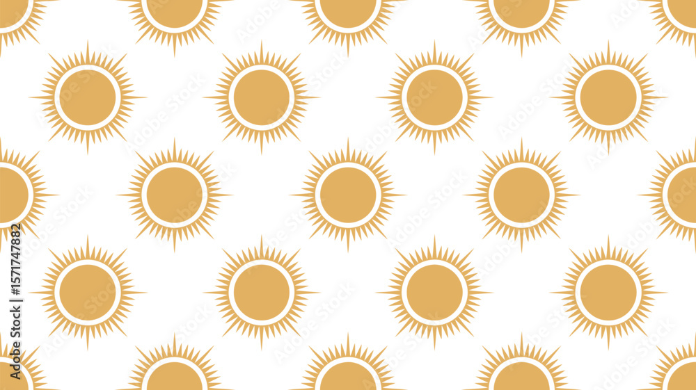 Poster repeating sun pattern with gold circles and rays on a teal colored background
