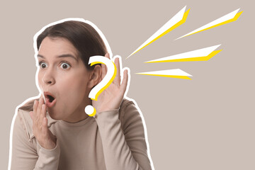 Eavesdropping, creative collage. Shocked woman holding hand to ear and question mark on beige...