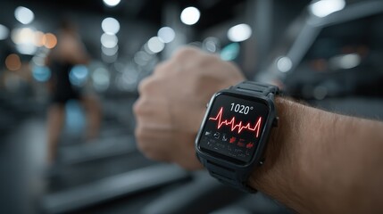 Smartwatch Displaying Health Metrics near Dumbbells in a Gym Setting Demonstrating Fitness Technology