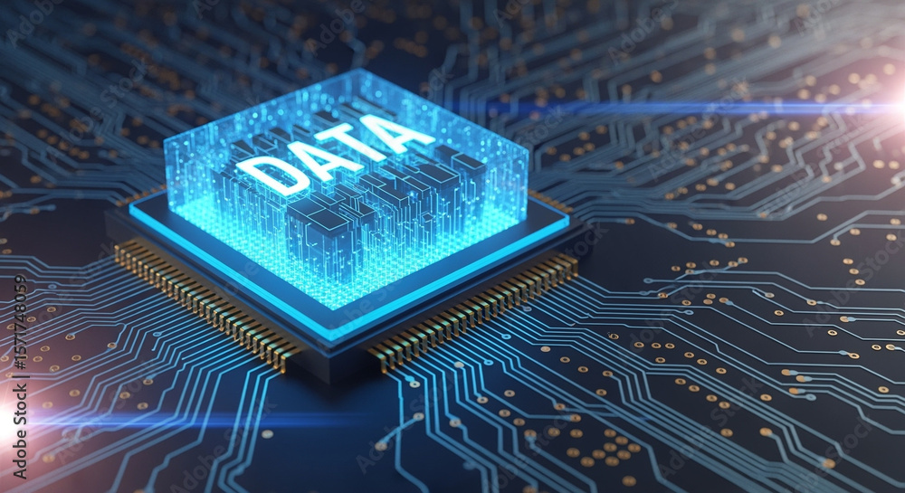 Poster glowing blue data chip with the word data on a complex circuit board