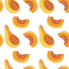 Seamless pattern of yellow cut squash on white background. Fall-themed vegetable illustration for design, wrapping, or textile use