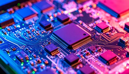 Close-up of colorful circuit board with chip