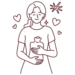 Line drawing of woman hugging hot water bottle to relieve menstrual cramps and feel better