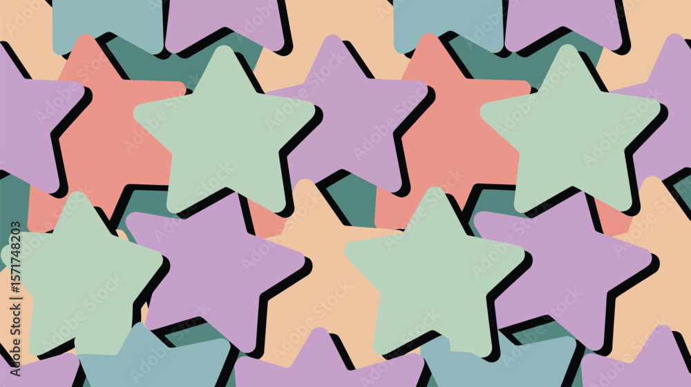 Aufkleber pastel stars arranged in a repeating pattern with black outlines and soft colors