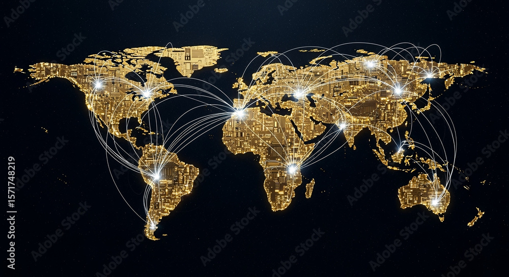 Poster digital world map with global connections and glowing lines