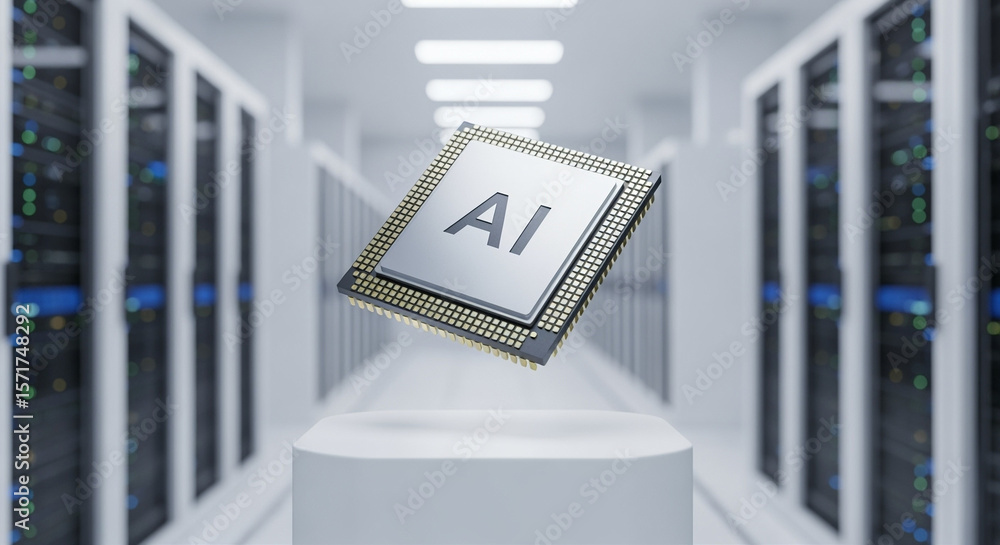 Poster ai microprocessor floating above pedestal in server room