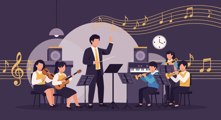 Youth Orchestra Conductor Directing Ensemble Of Musicians During Rehearsal Session