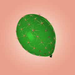 Green balloon covered with cactus prickles on coral gradient background