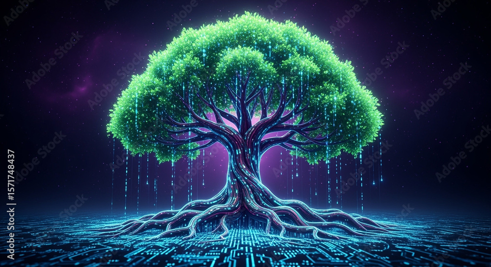 Poster digital tree with glowing roots and branches on circuit board background
