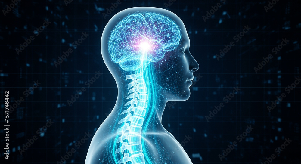Poster human brain and nervous system glowing with technology and data