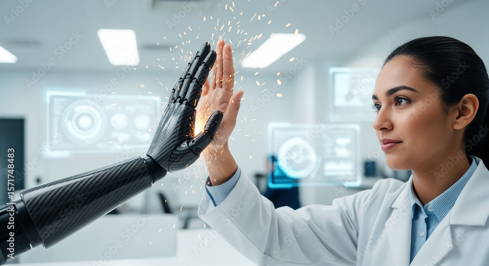 Poster robot hand and scientist high five with futuristic interface