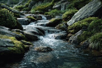 Fast mountain stream cascades down smooth rocks covered in moss and lush green foliage in the mountains