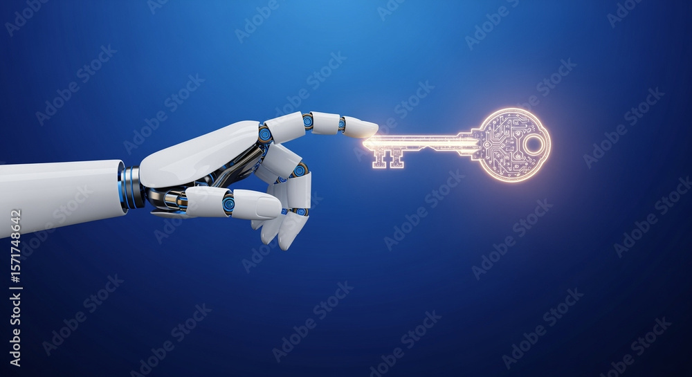 Poster robot hand holding a glowing digital key with intricate circuitry on a blue background