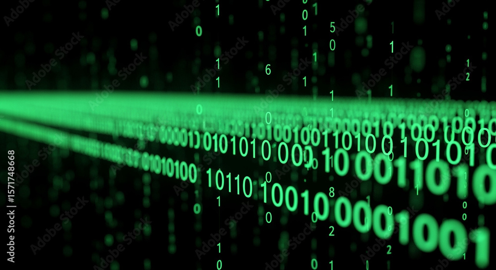 Poster green binary code flowing in digital stream on black background