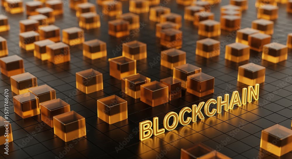 Poster blockchain technology with glowing amber cubes and grid pattern