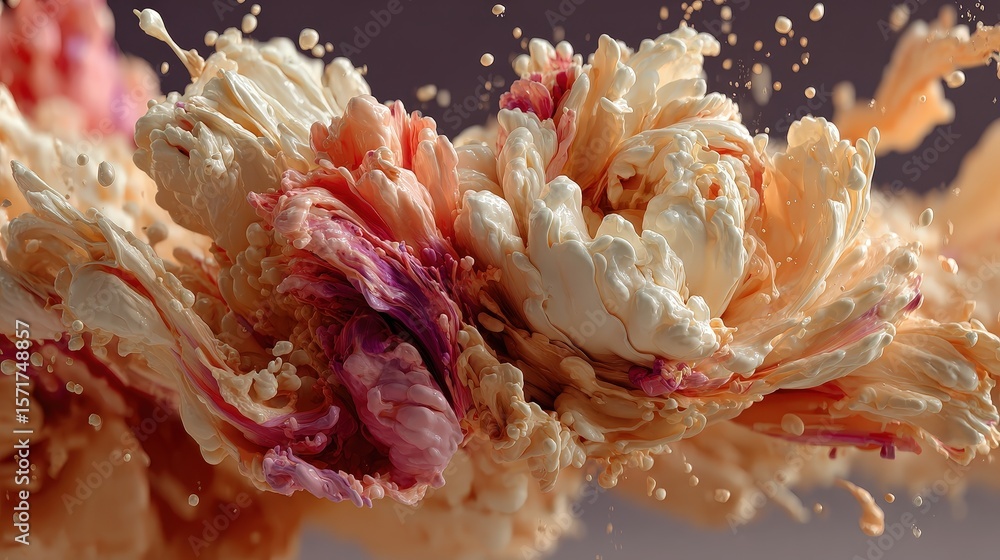 Poster close up of an abstract beige flower with floating spheres creating a dreamlike and ethereal quality