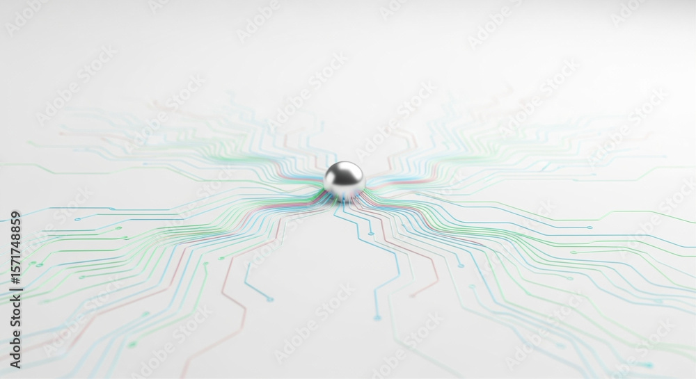 Fototapete silver sphere on abstract digital circuit board with colorful lines