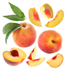 Ripe juicy peaches and green leaves on white background, collage