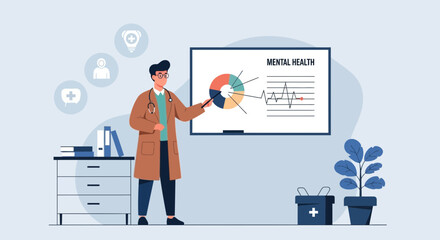 Fototapeta premium Doctor Explaining Mental Health Statistics On A Presentation Board In His Office