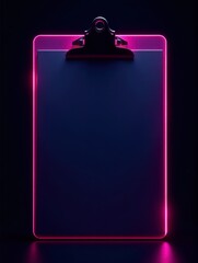 Obraz premium A clipboard illuminated by neon pink and purple lights stands out against a dark background.