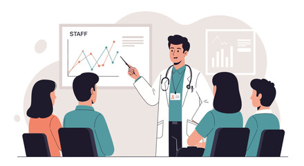 Doctor Explaining Staff Statistics During a Meeting in a Professional Environment