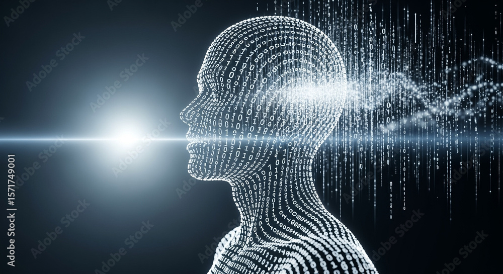 Poster digital human head made of binary code with data stream