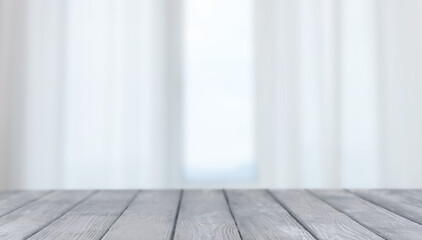 Empty wooden table against window with curtains in room, banner design