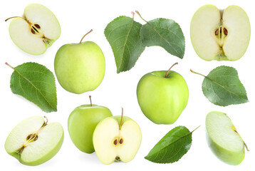 Fresh green apple fruits and leaves isolated on white, collage