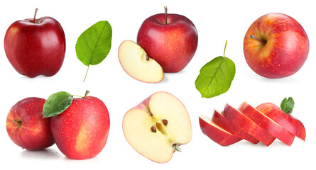 Fresh red apple fruits and green leaves isolated on white, collage