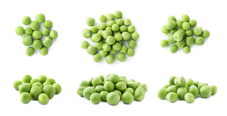 Fresh green peas isolated on white, collage. Top and side view