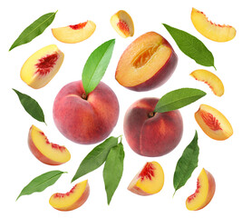Ripe juicy peaches and green leaves on white background, collage