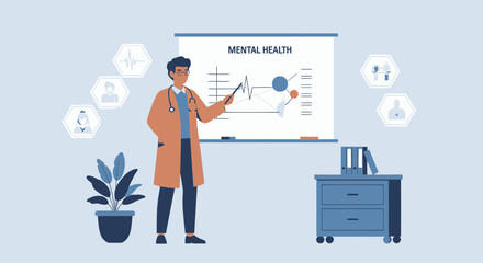 Fototapeta premium Doctor Explains Mental Health Treatment Options Using Presentation Board Concept