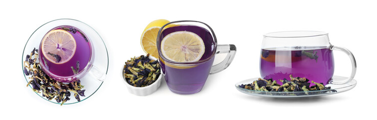 Butterfly pea flower tea isolated on white, set. Top and side view