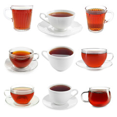 Tea in different cups isolated on white, set