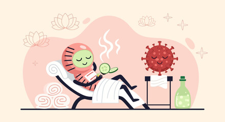 Astronaut Cartoon Relaxing Spa Treatment Next To Virus And Disinfectant Bottle