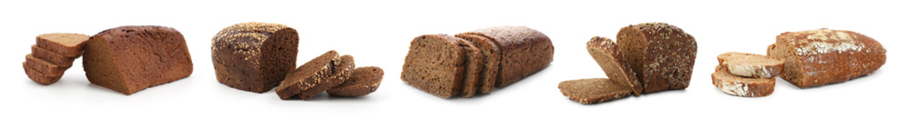 Cut fresh bread isolated on white, collage