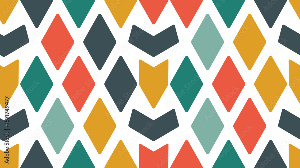Poster a colorful pattern featuring diamonds and arrow shapes on a white background