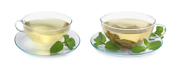 Green tea and mint leaves isolated on white