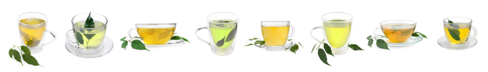 Green tea in different cups isolated on white, set