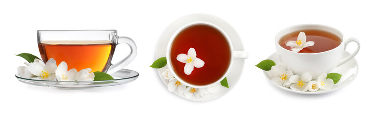 Jasmine tea and flowers isolated in white, set. Top and side view
