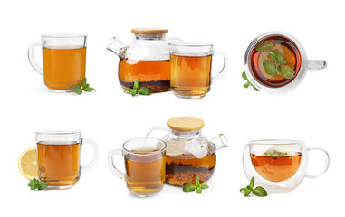 Mint tea isolated on white, set. Top and side view