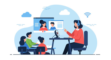 Interactive Distance Learning Session Connecting Students And Teacher Virtually