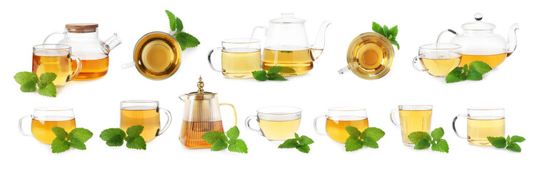 Green tea and mint leaves isolated on white, set