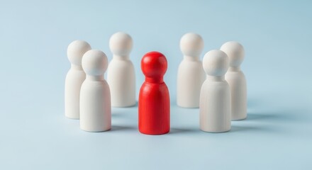A red wooden figure stands out among white figures, symbolizing leadership and individuality